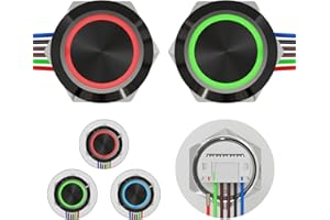 FILN 2PCS 19mm Momentary Push Button Switch 12v Ultra-Thin Touch Button Switches IP67 Waterproof 5V-24V with Plug-in Quick Connect Terminals Three Colors LED (Red or Green or Blue, Black Shell)