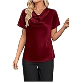 SweatyRocks Women's Draped Satin Blouse Short Sleeve Cowl Neck Dressy Work Shirts