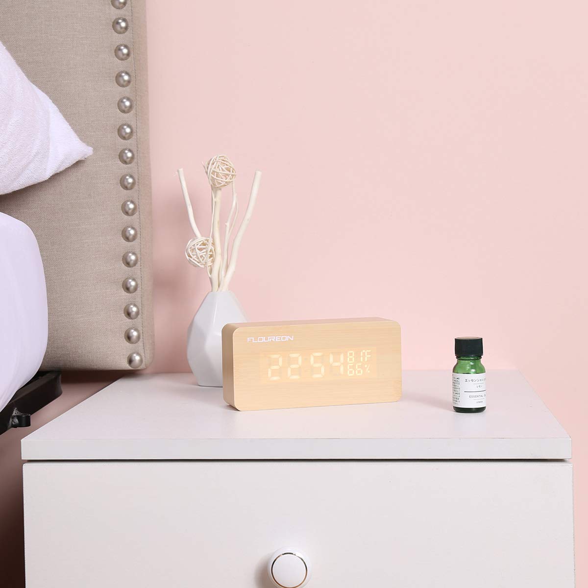 floureon Wooden LED Alarm Clock, FOULREN Wood Cube Digital Desk Alarm Clock with 3 Brightness Adjustable, 3 Set of Alarm, Dual Power, Voice Control, Time/Temperature/ Humidity Displaying (Wooden)