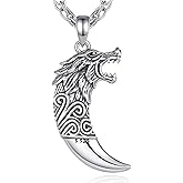 Inktree 925 Sterling Silver Viking Wolf Mjolnir Necklace for Men Women, Viking Runes Wolf Tooth Witch Celtic Knot Amulet Protection Pendant Nordic Norse Mythology Jewelry Gift for Men Women