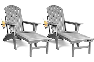 FUNBERRY Adjustable Folding Adirondack Chairs Set of 2 with Retractable Ottoman, All Weather Fire Pit Chairs with Cup Holder