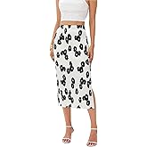 Midi Skirts for Women with Slit Long Knee Length Floral Elastic Pleated Maxi Skirt for Party Holiday (Floral White Black M)