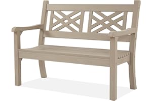 Marcytop 49''W Outdoor Bench, All-Weather Poly Lumber Garden Bench with Decorative Backrest and Curved Armrests, 2-Person Patio Bench Anti-Fade for Porch, Backyard, and Park, Grey