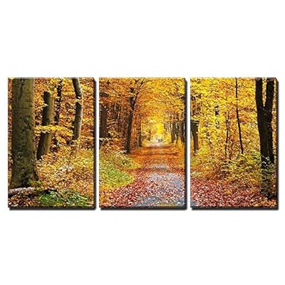 3 Piece Canvas Wall Art - Road in The Autumn Forest - Modern Home Art Stretched and Framed Ready to Hang - 24