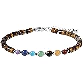 TUMBEELLUWA 7 Chakra Crystal Stone Beads Bracelet for Women Adjustable Flat Beaded Link Bangle for Healing