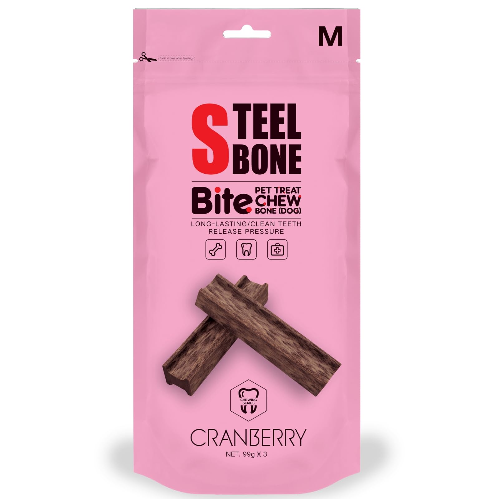 Steelbone Cranberry Dog Chews pack of 3 Medium 99g Each, Long Lasting Chews for Small and Medium Dogs for Clean Teeth