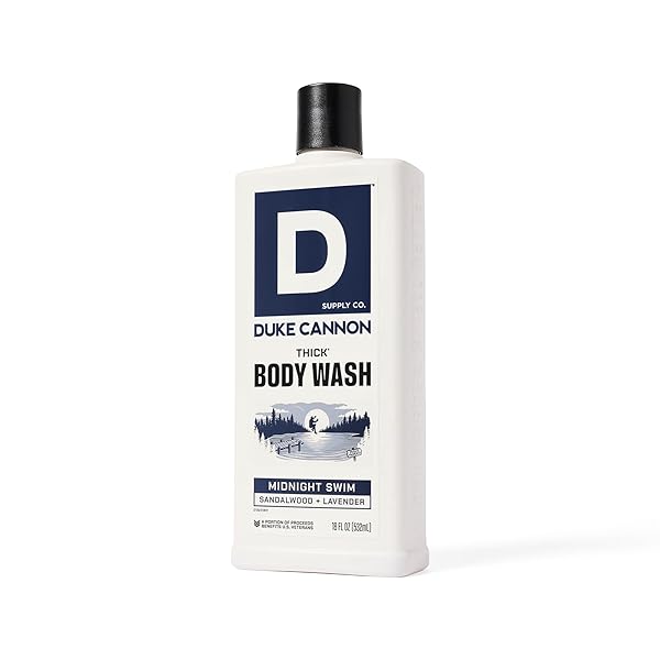 DUKE CANNON SUPPLY CO. THICK HIGH VISCOSITY BODY WASH – 3X THICKER, PLANT-BASED, MINERAL-ENRICHED BODY WASH FOR MEN – SANDALWOOD AND LAVENDER – MENS BODY SCRUB – MIDNIGHT SWIM (18 OZ)