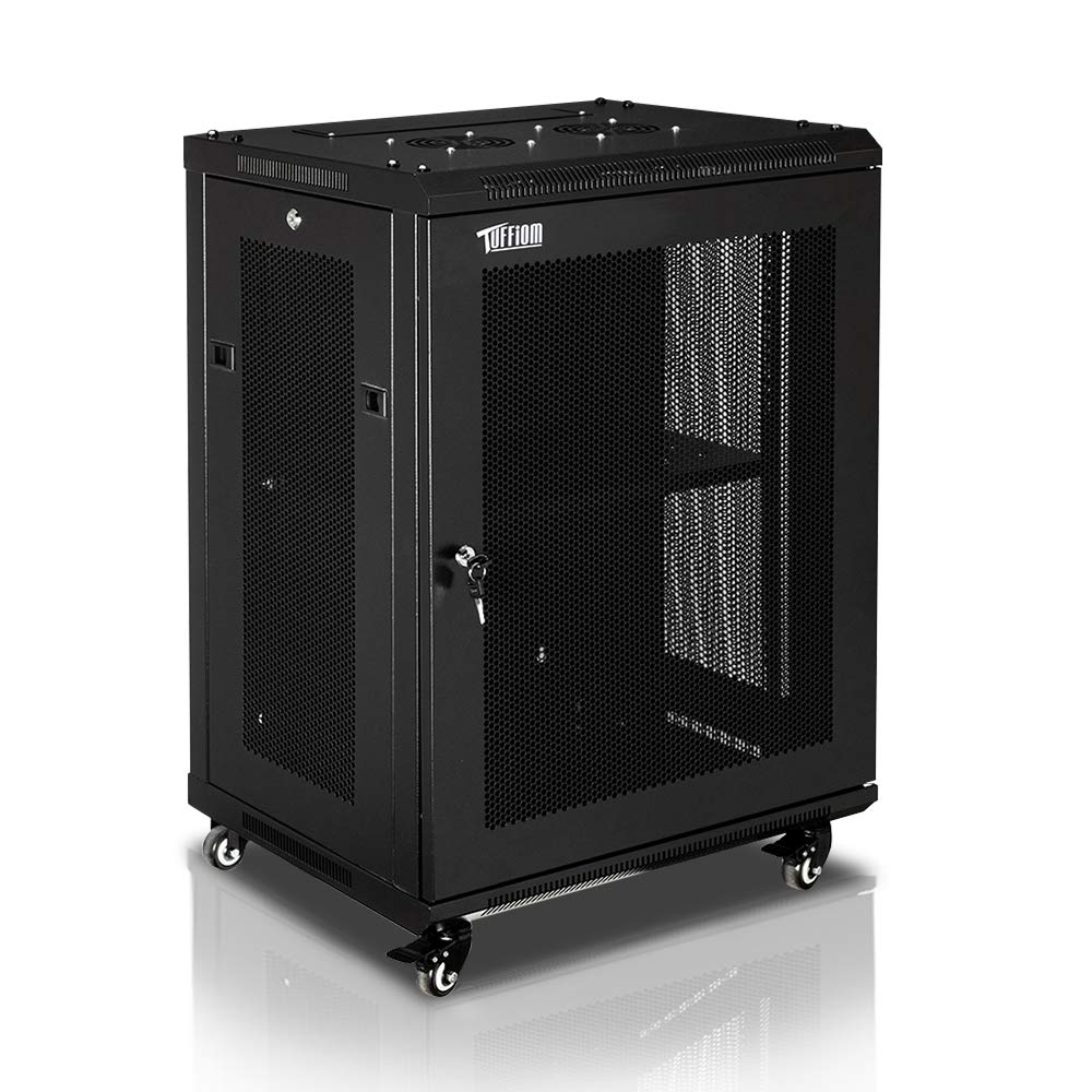 TUFFIOM 15U Casters Network Cabinet Enclosure, Wall Mount Rack w/Wheels, Deluxe 19 inch IT Series Server Data Devices Storage (Fully Assembled, Cooling Fan, Locked Door, Adjustable Mounting Rails)