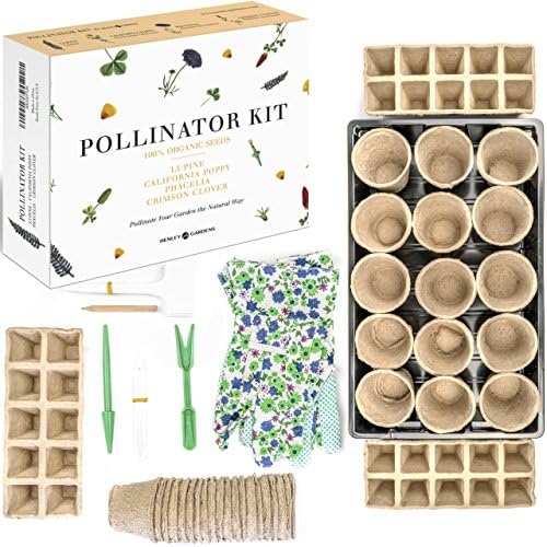Pollinator Garden Kit & Seed Tray - Open-Pollinated Wildflower, Annual & Perennial. Indoor Seed Grow Kit, Starter Kit for Garden Gifts. Humidity Dome, Biodegradable Seed Cells, Garden Gloves
