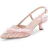 Coutgo Women's Slingback Low Kitten Heels Closed Pointed Toe Bow Pumps Wedding Dress Shoes