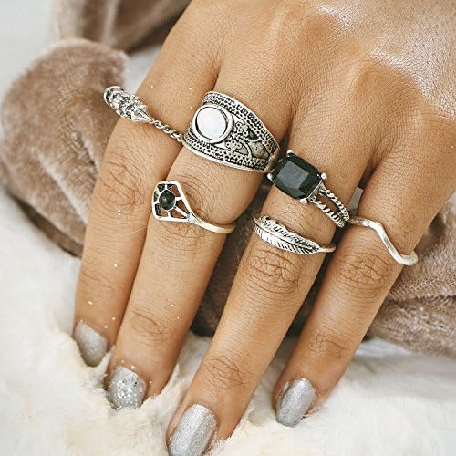Setita 11 Pieces Retro Turquoise Eagle Owl Moon Joint Knuckle Nail Midi Ring Set Boho Ring Set, Ancient Silver