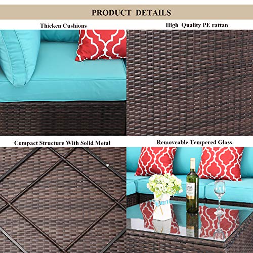 Do4U 5-Piece Patio Furniture Sets All-Weather Outdoor Sectional Sofa with Turquoise Cushion and Glass Table