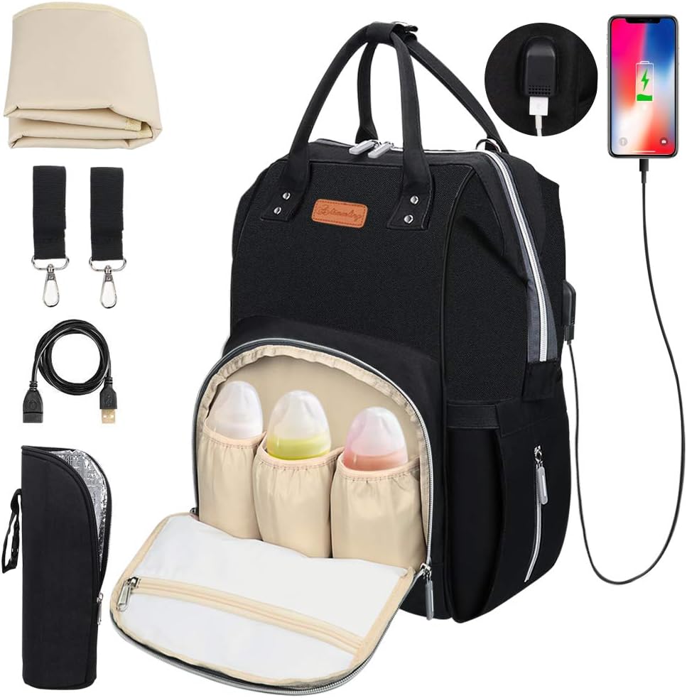Baby Changing Bag, OUTOPE Large Capacity Baby Diaper, Multifunction Nappy Rucksack Backpack Waterproof with USB Port Insulated Pockets, Stroller Straps,Changing Mat (Black-1)