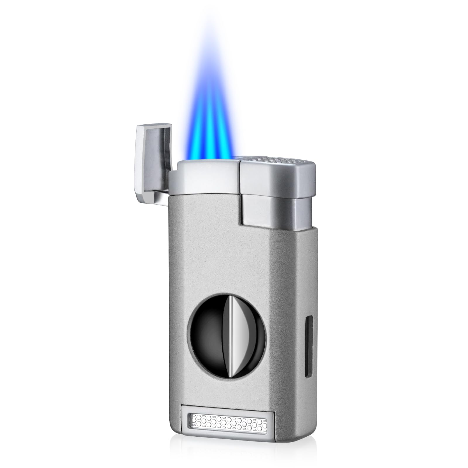 Cgaplus 3 Jet Flame Cigar Lighter with Cigar Cutter V Cut Windproof Lighter Butane Refillable Torch Lighter Grey