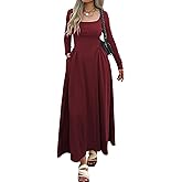 Evzeiem 2026 Spring Maxi Dress for Women Square Neck Long Sleeve Patchwork Ribbed Knit Dress Flowy A Line Dress with Pockets
