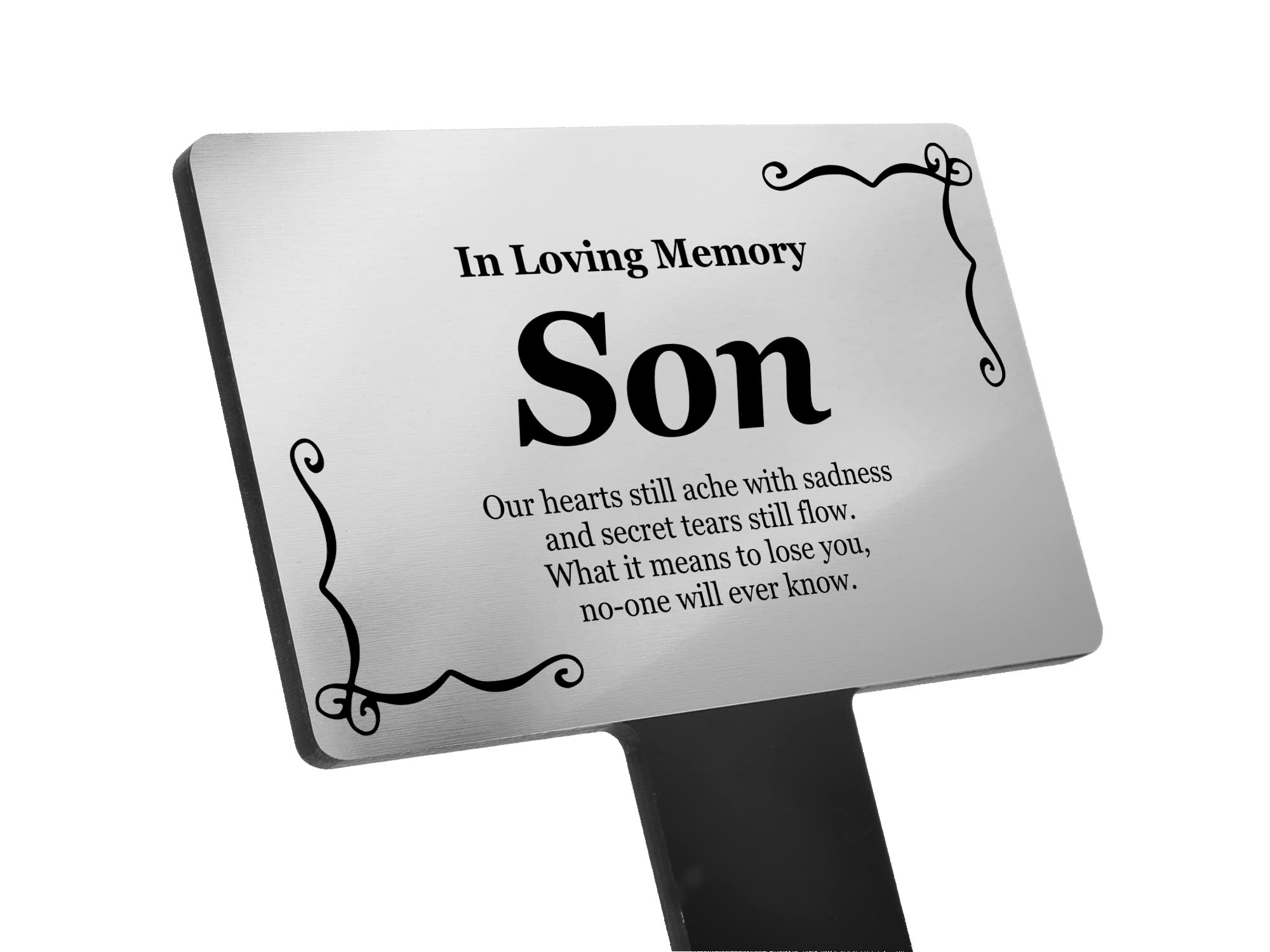 Bereavement Gifts. SON Memorial Plaques With Custom Text, Gardens Ground Stake Or Grave Ornaments - Acrylic, Waterproof and Hard Wearing. Shipped Globally. (Silver Son)