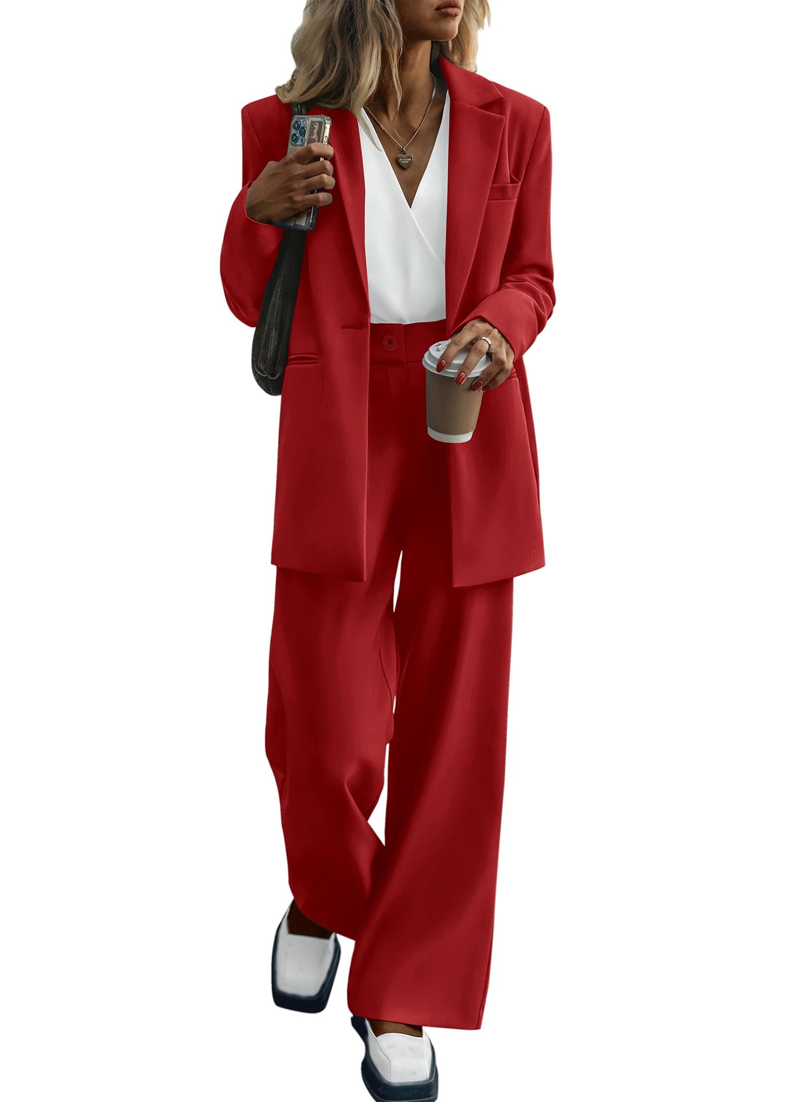 Photo 1 of KIRUNDO Women Suits 2 Piece Set Business Casual Dressy Oversized Blazer Jacket and Wide Leg Dress Pantsuits Formal Outfits(Red, Medium)