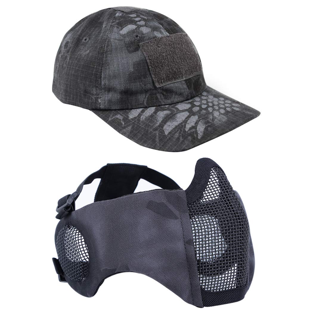 AOUTACC Airsoft Mesh Mask with Ear Protection and Adjustable Baseball Cap Set for CS/Hunting/Paintball/Shooting (TY)
