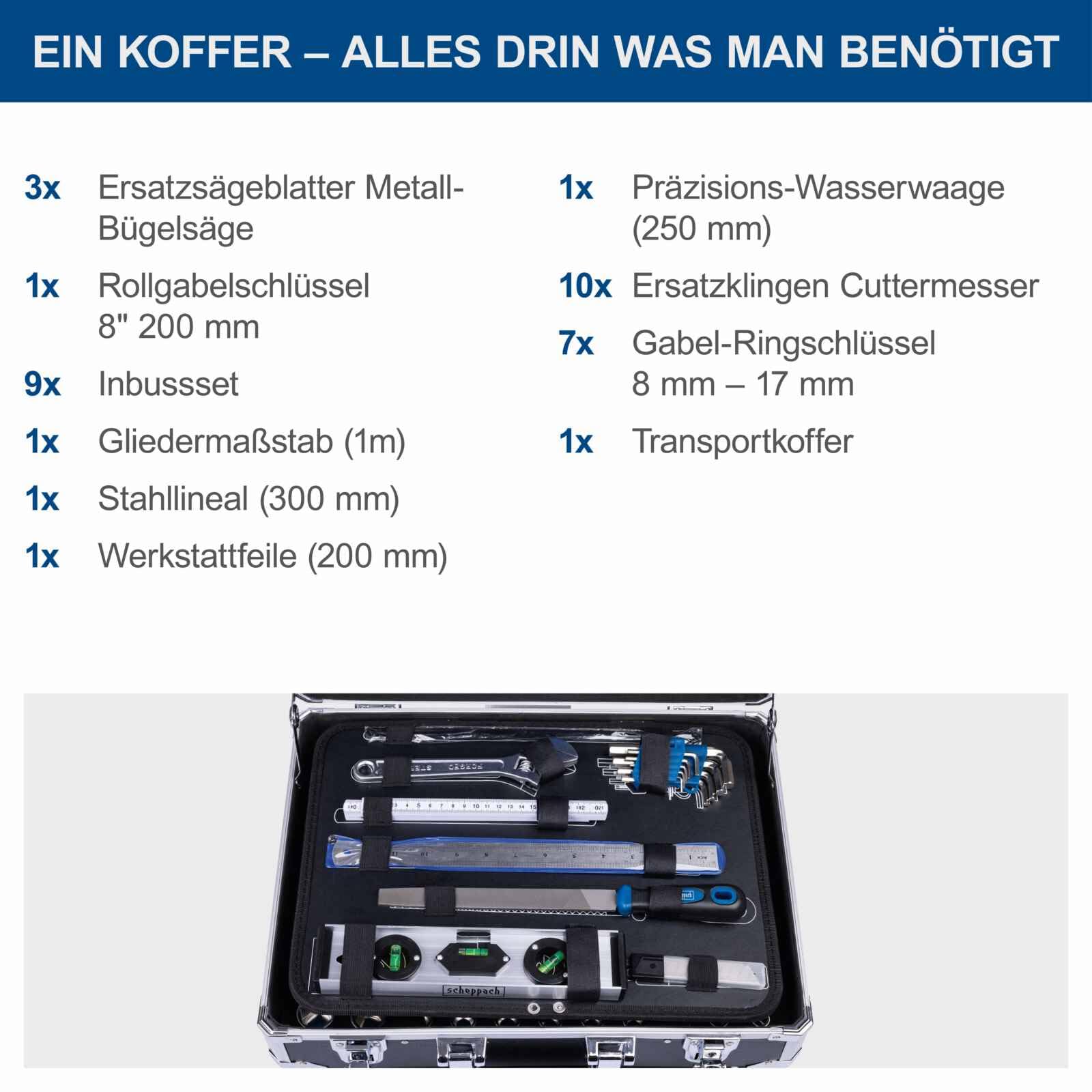 Scheppach TB200 Aluminium Werkzeugkoffer gefüllt 141-tlg Werkzeug Set | Werkstattkoffer bestückt mit Schraubenschlüssel, Hammer, Zange, Schraubenzieher, Werkzeugkiste für Werkstatt und Haushalt 5
