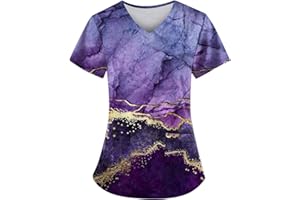 HXHYQKP Scrub Tops Women 2025 Medical Scrub Tops Holiday Working Uniform Plus Size Short Sleeve Nursing Scrubs with Pockets