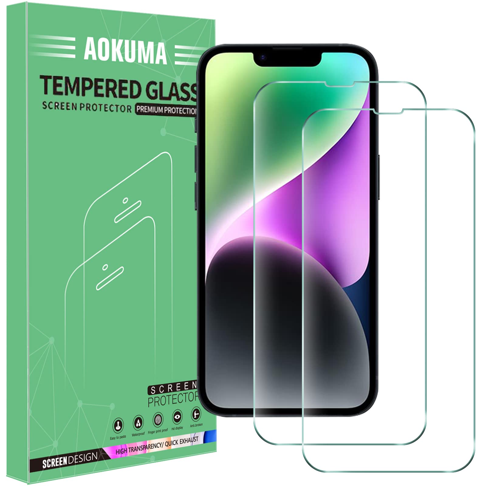 AOKUMA Tempered Glass for iPhone 17e/iPhone 16e/iPhone 14/13 Pro/13, Screen Protector, [2 Pack] Premium Quality Guard Film, Case Friendly, Shatterproof, Shockproof, Scratchproof, Oilproof
