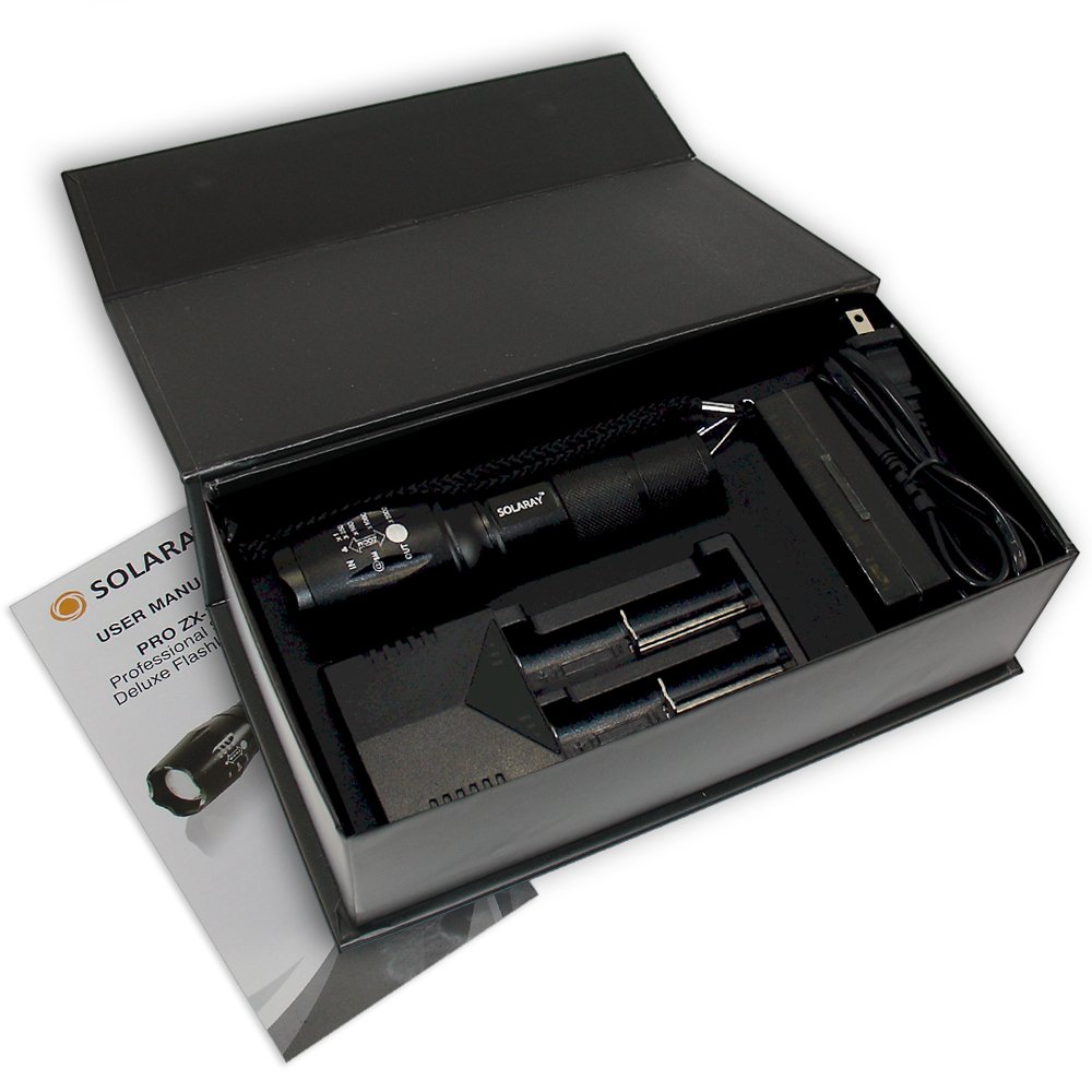 SOLARAY Handheld LED Tactical Flashlights – Professional Series ZX-1 Kit – Super Bright High Lumen – 5 Light Modes, Adjustable Focus, Outdoor Water Resistant – Rechargeable Battery, Charger