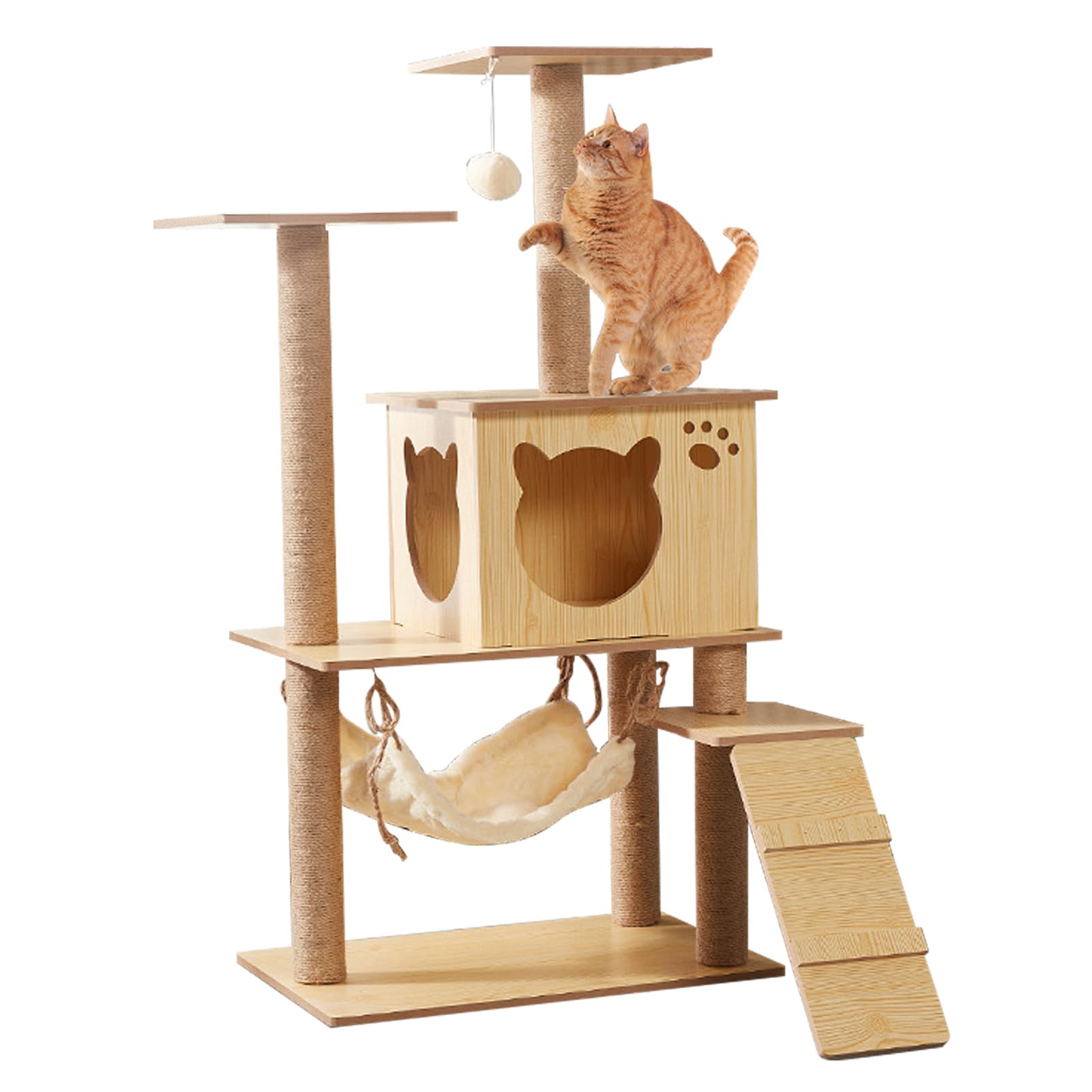 Photo 1 of Cat Tree, 47in Multi-Level Cat Trees Indoor,Wooden Cat Tower for Large Cats with Big Caves, Scratching Posts,Rocking Bed and Removable Condo