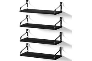 Love-KANKEI Black Floating Shelves for Wall Set of 4, 15.7 Inch Wood Wall Shelves with Bracket, Rustic Hanging Shelves for Bathroom, Bedroom, Kitchen,Living Room, Office Display