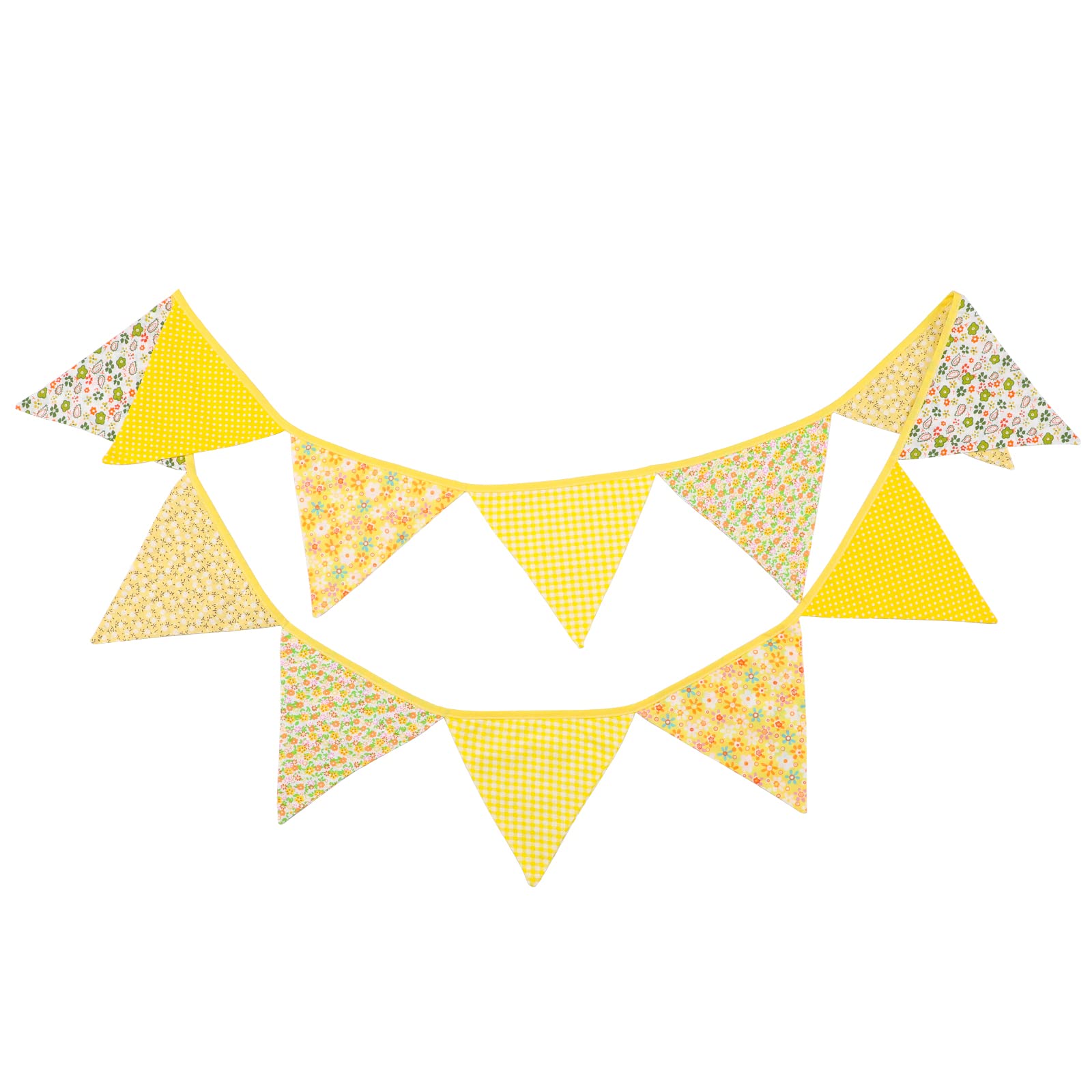 G2PLUS Double Sided Fabric Bunting Banner, Two Layer Triangle Floral Bunting, 3.3M with 12PCS Yellow Floral Pennants, Cotton Shabby Chic Garland for Bedroom Easter Tea Party Decorations