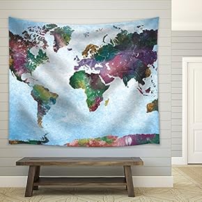 Colorful Watercolor World Map on a Blue Vignette Background - Fabric Tapestry, Home Decor - 51x60 inches