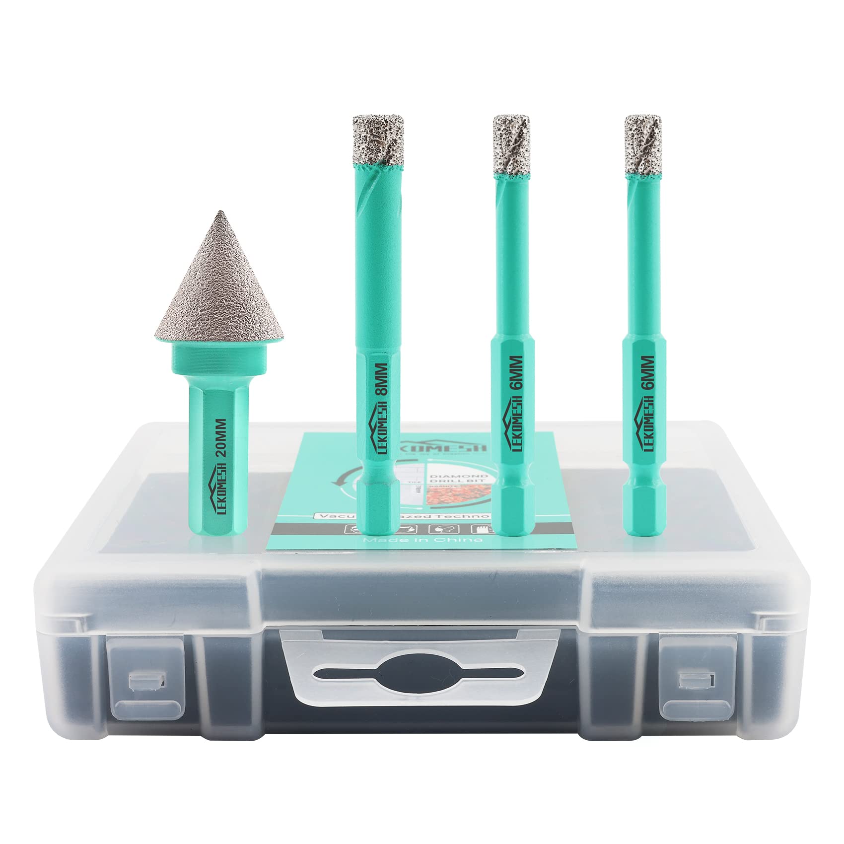 LEKOMESH Diamond Drill Bit Kit - 3pcs 6/6/8MM Diamond Hole Saw & 1pc 20MM Beveling Chamfer Bit with Hex Shank for Porcelain Tile Drill Bits for Ceramic Marble Granite Stone Quartz