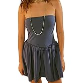 Loafawes Summer Solid Strapless Mini Dress for Women Tube Top Dresses Patchwork Pleated Drop Waist Flared Beach Dress