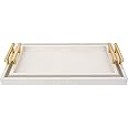 MACVAD Set of 2 Modern Elegant Large Wood Serving Tray, Rectangle Decorative Tray Ottoman Tay Coffee Table Tray, Pearl White Crocodile Leather with Gold Polished Metal Handles