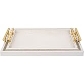 MACVAD Set of 2 Modern Elegant Large Wood Serving Tray, Rectangle Decorative Tray Ottoman Tay Coffee Table Tray, Pearl White Crocodile Leather with Gold Polished Metal Handles