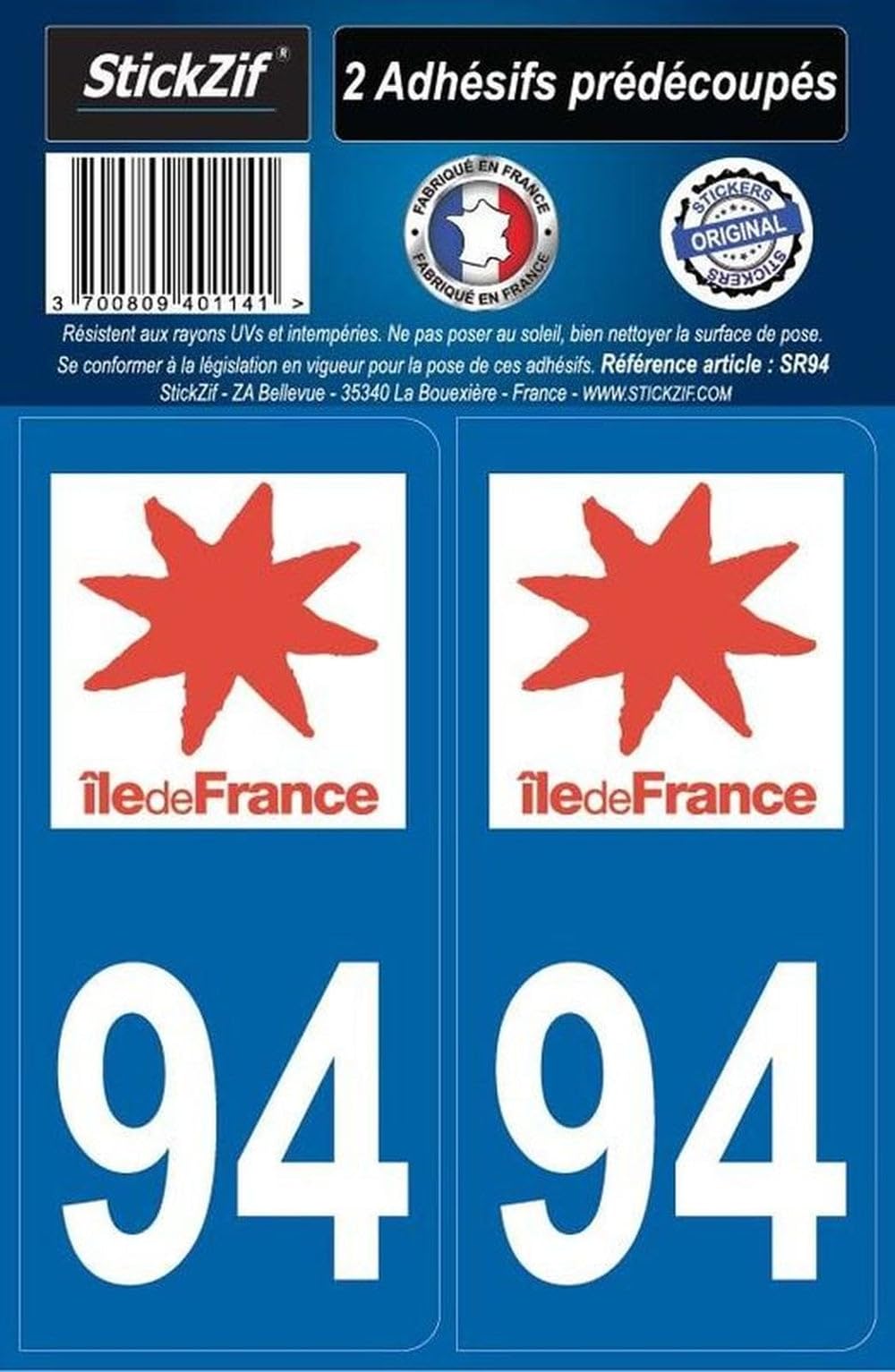 STICKZIF SR94 2 Adhesive Stickers département 94 Ile-de-France region, Set of 2