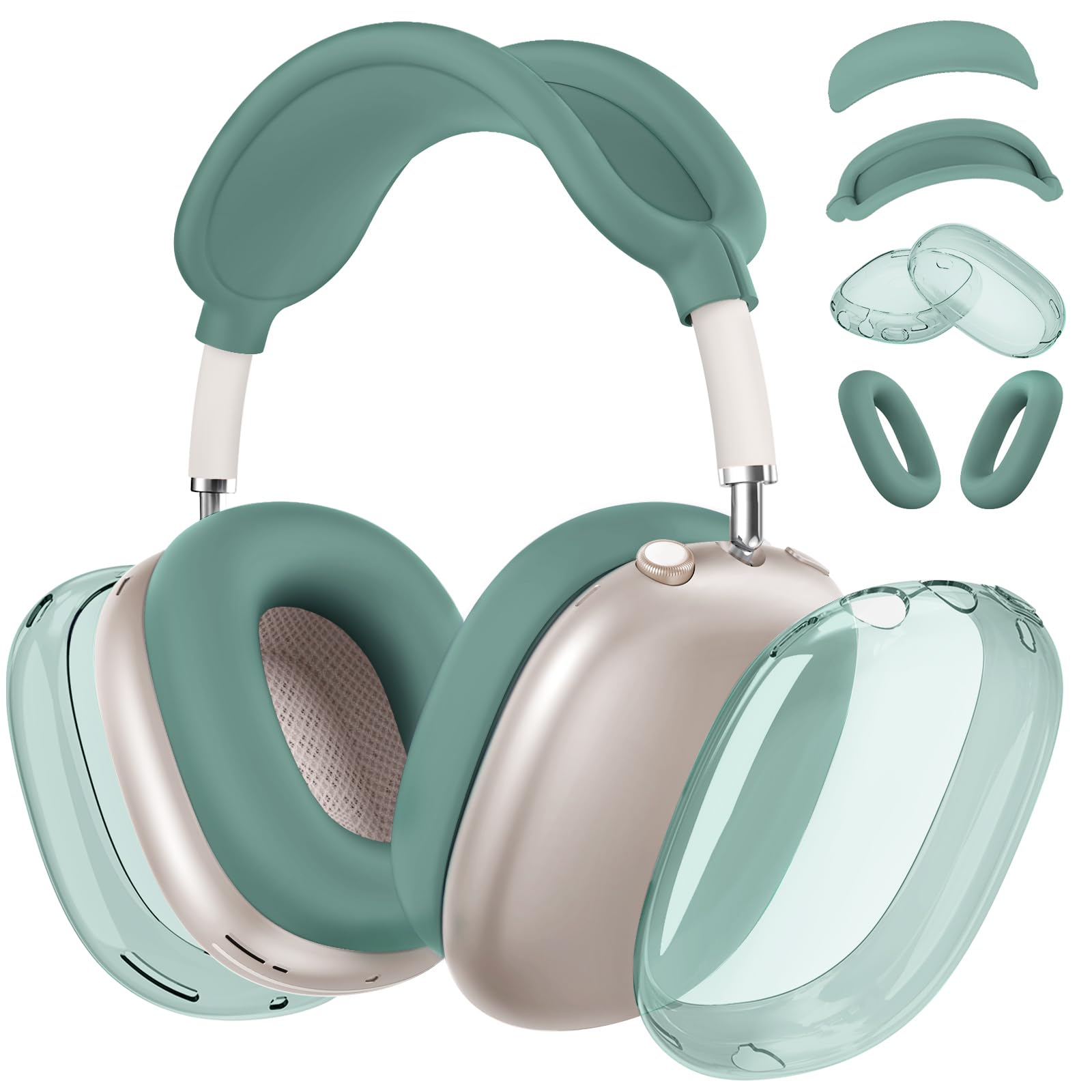 Photo 1 of [4 in 1] Silicone Case Cover for AirPods Max, Clear Soft TPU Ear Cups Cover/Ear Pad Case Covers/Headband Covers Transparent Accessories for Apple AirPods Max (2024/2020)(USB-C/Lightning), Pine Green