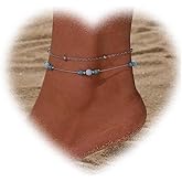 W WEILIRIAN Bohemian Layered Blue Bead Anklet for Women Round Bead Ankle Bracelets Vintage Station Ball Anklets Silver Ball Anklets Chain Bracelet Summer Beach Foot Ankle Chain Jewelry