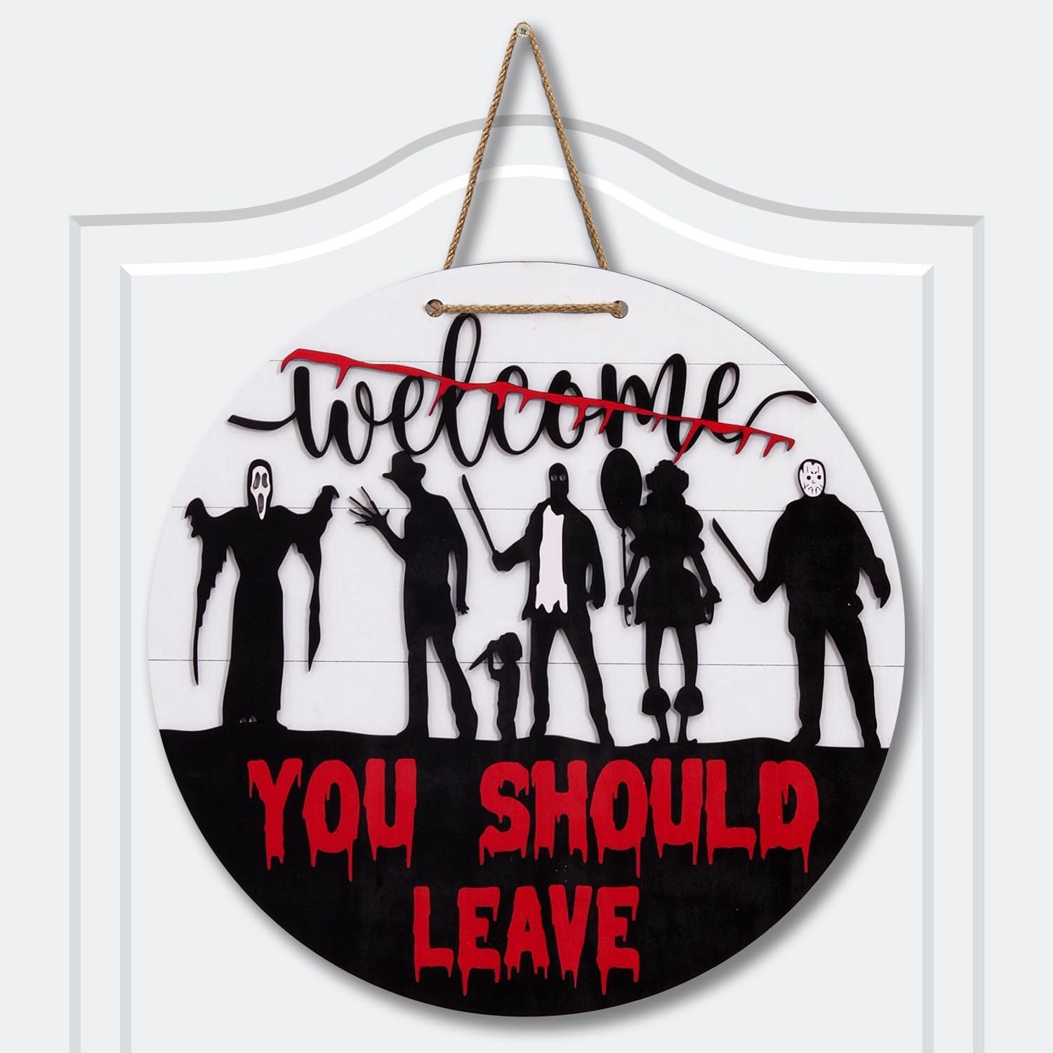 Wreath Hangers - IKSII 3D Horror Movie Halloween Wreath,Welcome You Should Leave Sign,Happy Halloween Sign for Front Door,Wood Halloween Room Decor Scary Hanging Decorations Outdoor Hanger for Party House Porch