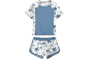 Enlifety 7-16T Girls Swimsuit 2 Piece Bathing Suit Short Sleeve Rash Guard Swimwear Set