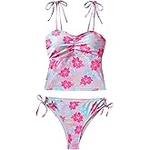 BEAUDRM Women's 2 Piece Bikini Set Y2K Floral Print Tankini Set Full Coverage Bikini Tie Swimsuit High Waisted Bathing Suit