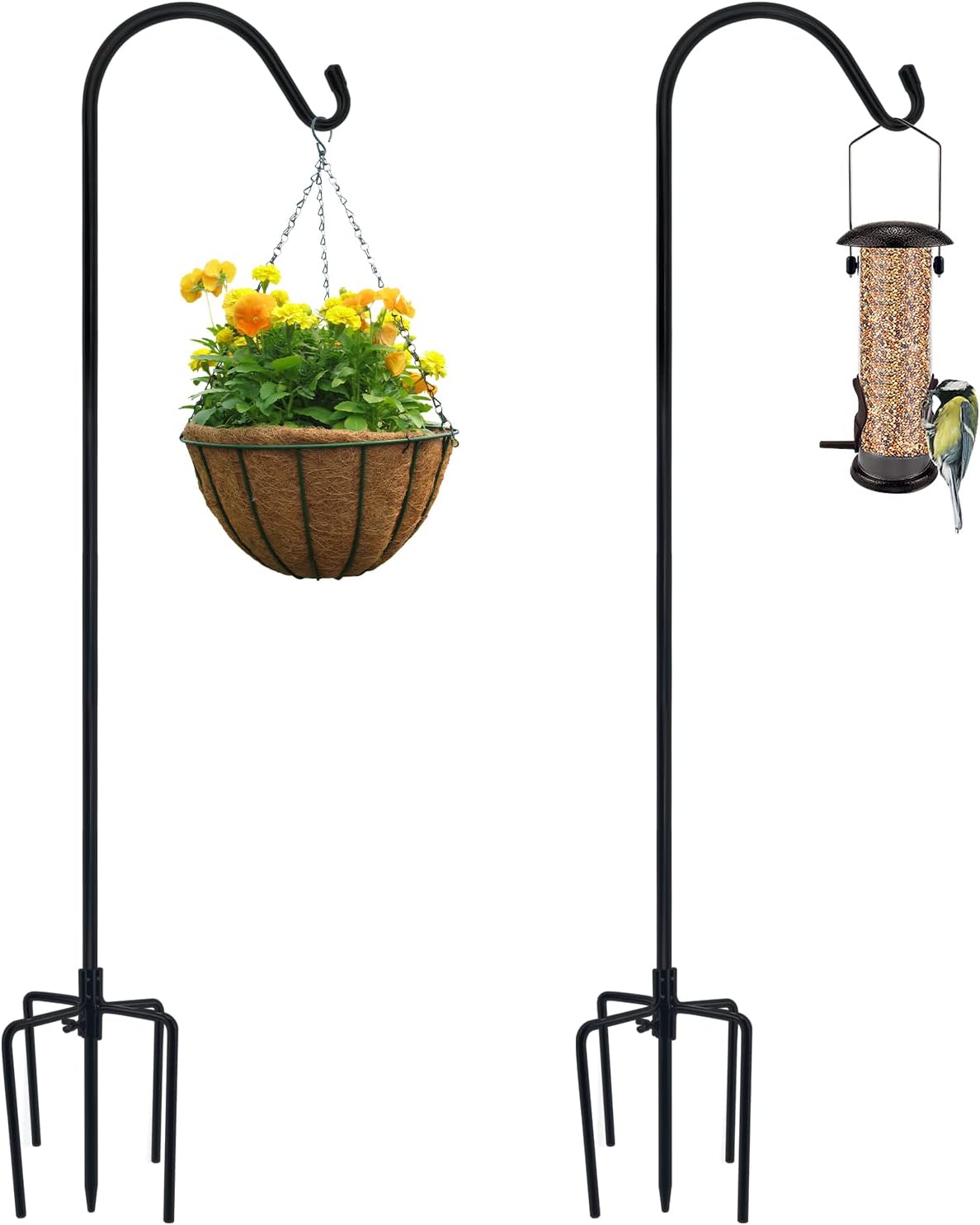 Outdoor Shepherd's Hooks - Urban Deco Shepherds Hook with 5 Prong Base 65 Inch 1/2-Inch Thick Shepards Hooks for Outdoor, Heavy Duty Garden Hanger Pole Stakes for Bird Feeders,Lantern,Plant Basket Black 2 Pack