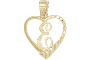 Ice on Fire Jewelry 10k Solid Gold Initial Pendant in Heart Frame with Diamond Cut Finish, Available in Different Letters of Alphabet Personalized Charm for Women (E)