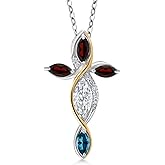Cross Necklace For Women In 925 Silver and 10K Yellow Gold with Moissanite and Garnet and London Blue Topaz | 1.48 Cttw | Jesus Christian Religious Crucifix | Marquise 8X4MM | With 18 Inch Chain