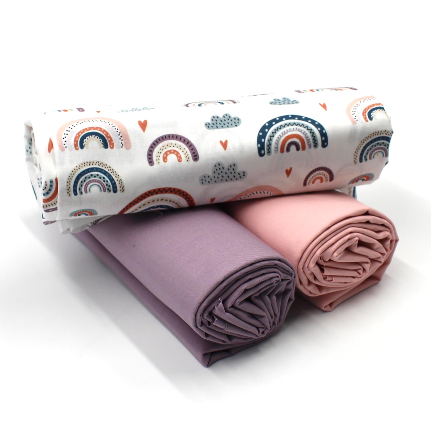 VmG-Store 1.5 m Cotton Fabric Set Design Fabric + 2 x Plain Colour Coordinated 100% Cotton Material Selection (Rainbow Pastel White Set02)