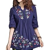 Kafeimali Women's Mexican Blouse Embroidered Peasant Dressy Tops 3/4 Sleeve