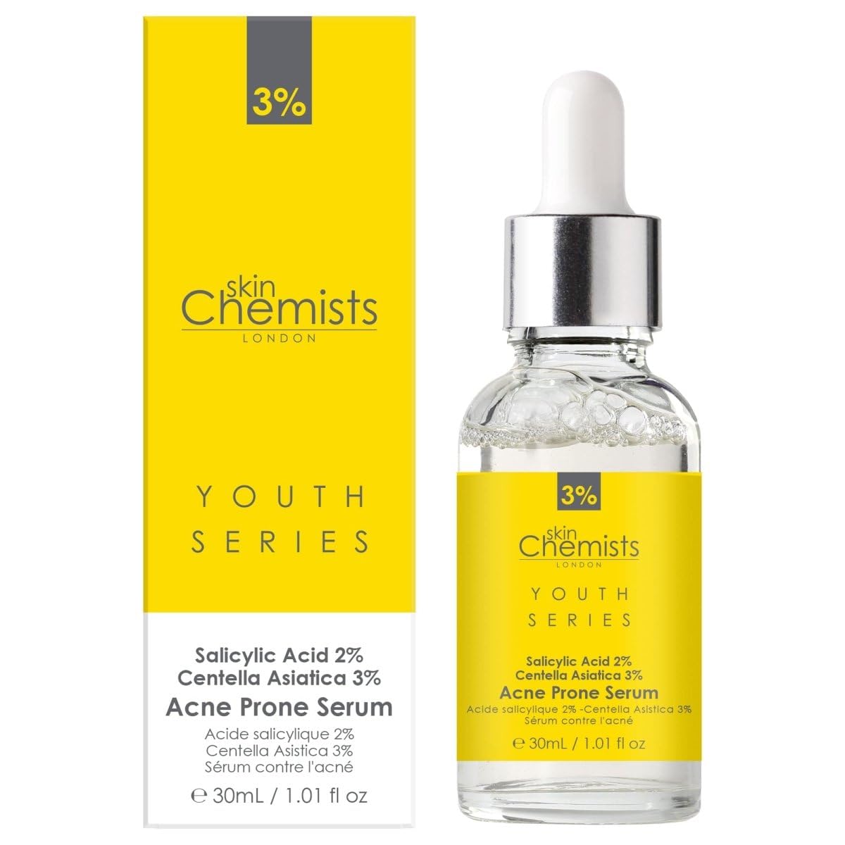 skinChemists Acne Prone Face Serum with Salicylic Acid 2% & Centella Asistica 3% 30ml | Reduce Blemishes & Unclog Pores - Enhance Skin Tone & Texture - Clear, Healthy, Radiant Skin