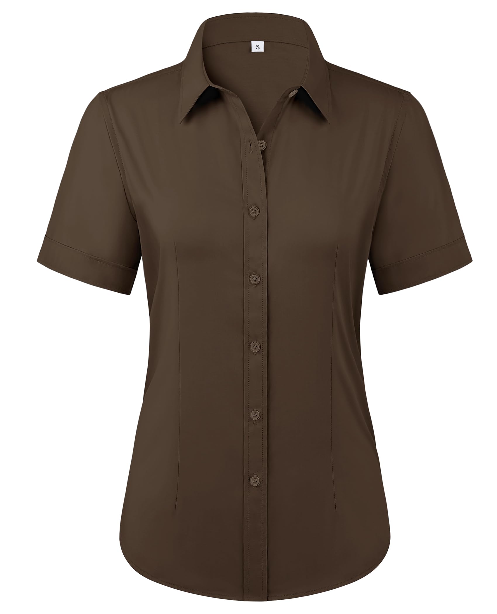 Photo 1 of siliteelon Button Down Shirts for Women Short Sleeve Stain Resistant Dress Shirts Cotton Collared Work Solid Tops Blouses Brown