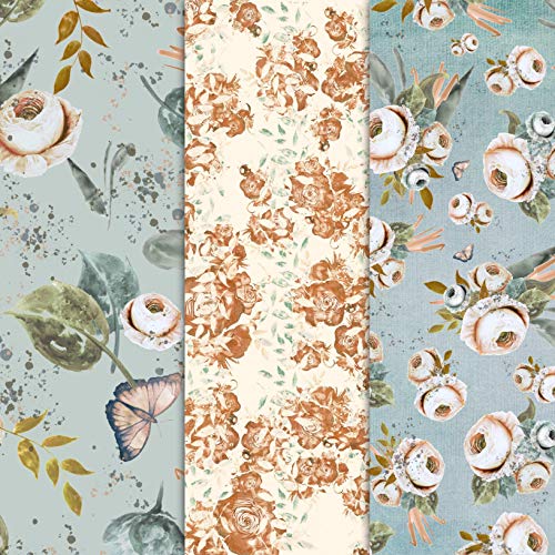 Duck Egg & Peach Vintage Rose Designer Paper Set Art Craft Scrapbook Journal Origami Paper Baby Girl Shower Wedding Party Decorations (21x21cm / 8x8 inches) (Pack of 25 Sheets)