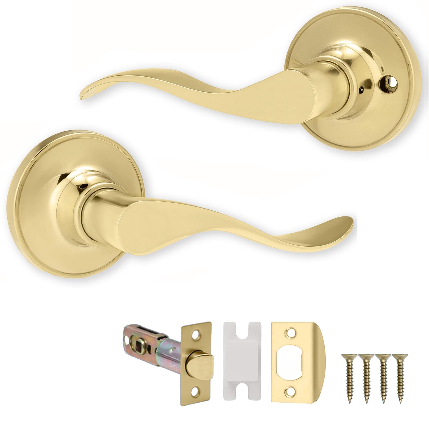XFORT Cabriole Passage Knob Set Polished Brass, Door Knob for Internal Wooden Doors, Complete Set with Tubular Latch
