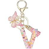 PATIKIL Alphabet Initial Letter Keychain, Resin Cute Keychains with Tassel Butterfly Letter V Pendant Charm for Women Key Purse Handbag Bag Accessories, Pink